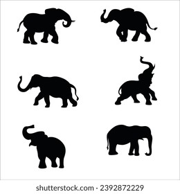 A set of elephant vector silhouettes isolated on a white background.