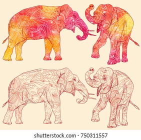 Set of elephants with decorative floral pattern