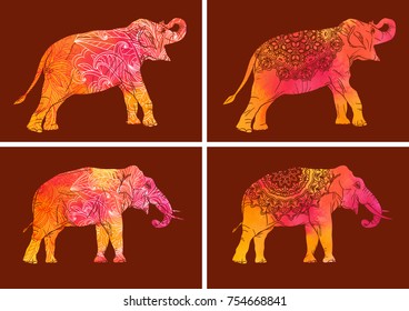 Set of elephants with decorative floral pattern