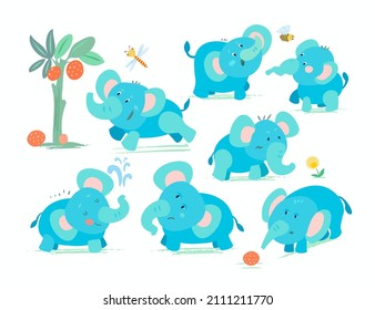 Set of elephants with different emotions and poses. African animals in cartoon style for design. Vector illustrations, full color.