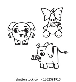 Set of elephants drawn by a line isolated on a white background. Vector illustration. Children's coloring.