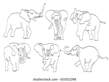 set of elephants line art on white. stylized drawing by hand of wild. vector illustration