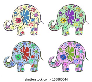Set of elephants painted by flowers. Isolated on white. Cartoon vector illustration.