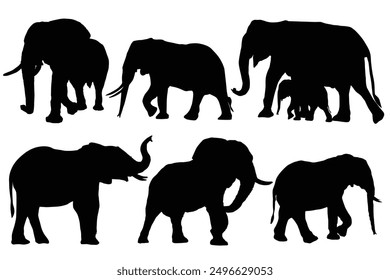 Set of Elephants Silhouette Bundle, Animal Icons, Wild Life, Forest Animals. silhouette of elephant with baby elephant. World Elephant Day. August 12th. Elephant silhouettes isolated on  background