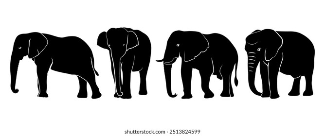 Set of elephants silhouettes vector. Elephant vector silhouette set isolated on white background. Elephant shadow hand drawn. Animal Elephant Silhouettes vector illustration