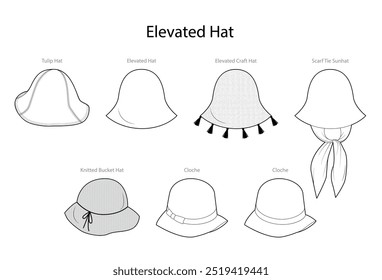 Set of Elevated Hats with names - Tulip, Craft, Cloche Head Fashion accessory cap clothing technical illustration. Vector headgear for Men, women, unisex style, flat template CAD mockup sketch outline