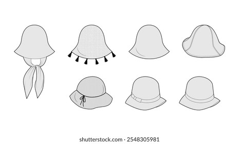 Set of Elevated Hats - Tulip, Craft, Cloche Head Fashion accessory cap clothing technical illustration. Vector headgear for Men, women, unisex style, flat template CAD mockup sketch outline