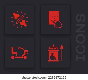 Set Elevator for disabled, Joint pain, knee pain, Braille and Electric wheelchair icon. Vector