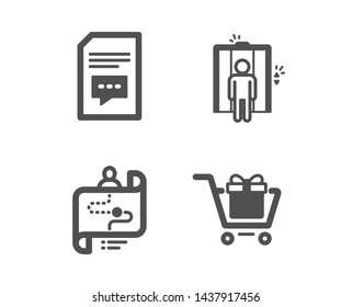 Set of Elevator, Journey path and Comments icons. Shopping cart sign. Lift, Project process, Document with speech bubble. Gift box.  Classic design elevator icon. Flat design. Vector