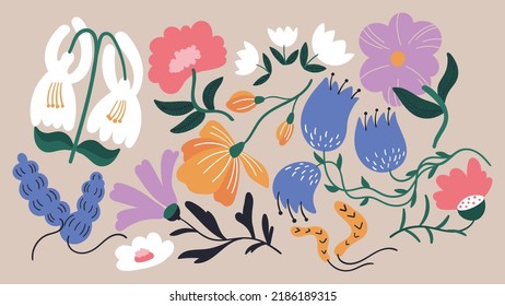 A set of eleven abstract minimalistic aesthetic floral illustrations. Colorful silhouettes of plants on a light background. Modern vector pop art posters for social networks, web design, interiors. 