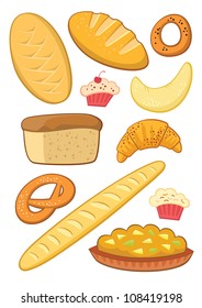 Set of eleven bakery products. Colorful vector symbols isolated on white.