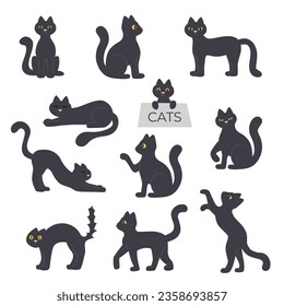 Conjunto de once gatos negros en diferentes poses. Concepto de Halloween.	