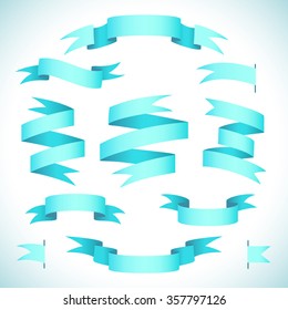 Set of eleven blue ribbons.  Vector illustration.