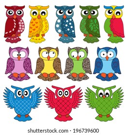 Set of eleven colourful vector owls isolated on white background