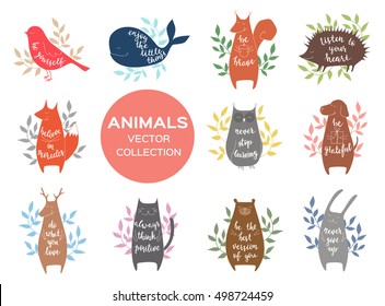 Set of eleven cute animals with motivation phrases. Brush hand lettering. Isolated vector illustration