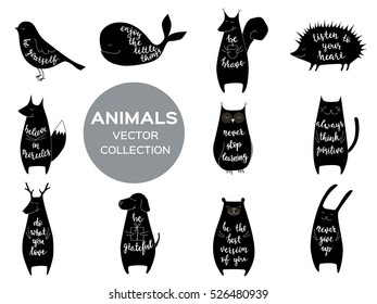 Set of eleven cute animals with motivation phrases. Brush hand lettering. Isolated vector illustration