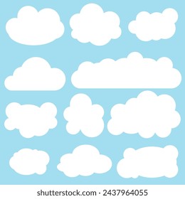 Set of eleven different clouds on blue background