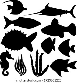 Un conjunto de once elementos del mundo marino. Revista, afiche, sitio web y mucho más. Peces, algas, caballitos de mar. Ilustración vectorial.