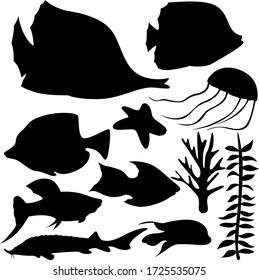 A set of eleven elements of the sea world. Set for various purposes magazine, poster, website, and more. Fish, algae, jellyfish, starfish. Vector illustration.