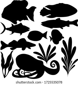 A set of eleven elements of the sea world. Set for various purposes magazine, poster, website, and more. Fish, seaweed, octopus. Vector illustration.