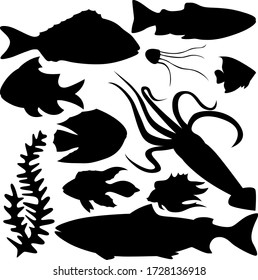 A set of eleven elements of the sea world. Set for various purposes magazine, poster, website, and more. Fish, algae, jellyfish, squid. Vector illustration.