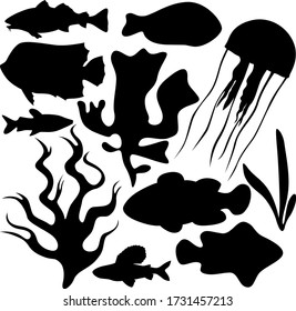 A set of eleven elements of the sea world. Set for various purposes magazine, poster, website, and more. Fish, algae, jellyfish. Vector illustration.