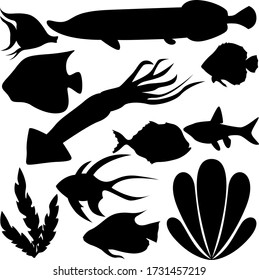 A set of eleven elements of the sea world. Set for various purposes magazine, poster, website, and more. Fish, seaweed, squid. Vector illustration.