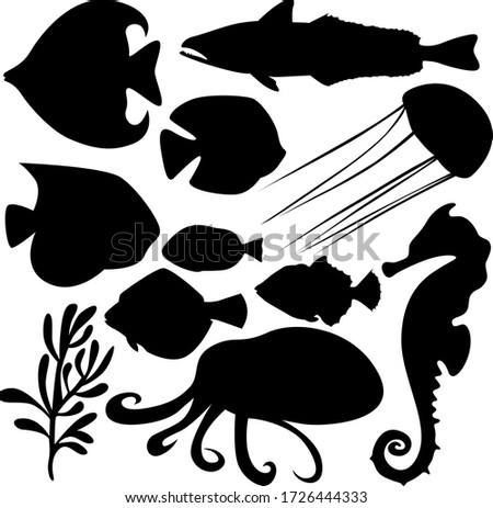 A set of eleven elements of the sea world. Set for various purposes magazine, poster, website, and more. Fish, seaweed, octopus, seahorse. Vector illustration.