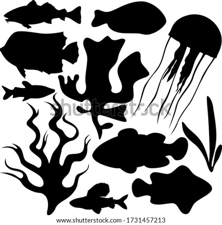 A set of eleven elements of the sea world. Set for various purposes magazine, poster, website, and more. Fish, algae, jellyfish. Vector illustration.
