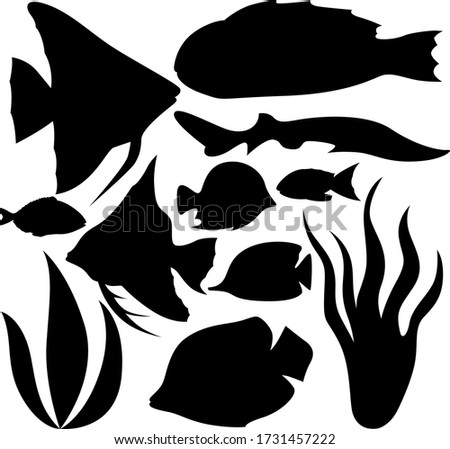 A set of eleven elements of the sea world. Set for various purposes magazine, poster, website, and more. Fish, algae. Vector illustration.