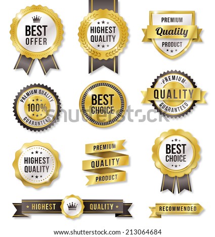 Set of eleven golden vector Commercial Labels and Ribbon templates. Vector file is organized in layers to separate Graphic elements from Text and Shadows.