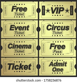 Set of eleven golden vector tickets and coupons templates. Vector file is organized in layers to separate Graphic elements