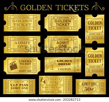 Set of eleven golden vector tickets and coupons templates. Vector file is organized in layers to separate Graphic elements from texture and text.