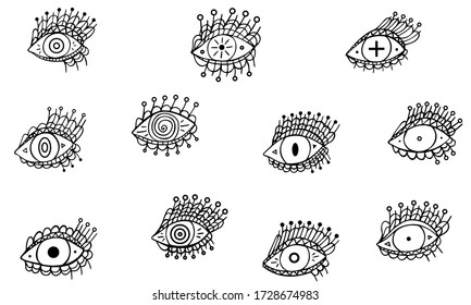 Set of eleven magical all-seeing eyes in black and white. Mystical isolated clip art hand-drawn. Occult collection for esoteric design. Witchcraft Symbolism. Vector.