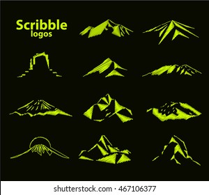 Set of eleven mountains peak logos. Matterhorn. Kilimanjaro. Fuji. Denali. Everest. Mont Blanc. Grand Canyon Rocks. Scribble art.