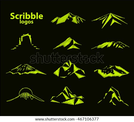 Set of eleven mountains peak logos. Matterhorn. Kilimanjaro. Fuji. Denali. Everest. Mont Blanc. Grand Canyon Rocks. Scribble art.