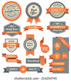 Set of eleven Orange and Black vector Commercial Labels and Ribbon templates and web elements. Vector file is organized in layers to separate Graphic elements from Text and Shadows.