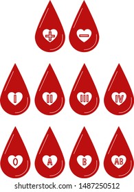Set of eleven red drops of blood with white hearts and names of blood groups (positive and negative; first, second, third, fourth; 0, A, B, AB), vector graphics, vector illustration