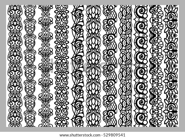 Set of\
eleven seamless endless decorative lines. Indian Henna Border\
decoration elements patterns in black and white colors.  Could be\
used as divider, frame, etc. Vector\
illustrations.