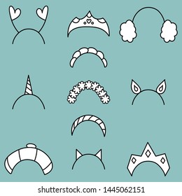 Set of eleven simple cartoon drawn black and white head accessories (crowns, headbands, hat, horns and ears) on a blue background, vector graphics, vector illustration