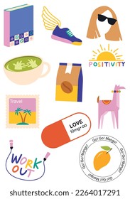 A set of eleven stickers. Book, sneakers with wings, girl in sunglasses, patterned matcha tea, bag of coffee beans, sunrise, postage stamp, love capsule, llama with necklace, skipping rope, mango