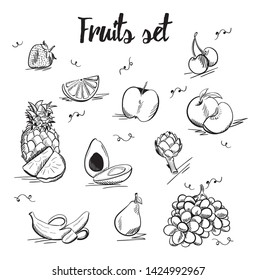 Set of eleven vector fruit illustrations/icons - black stroke on a white background