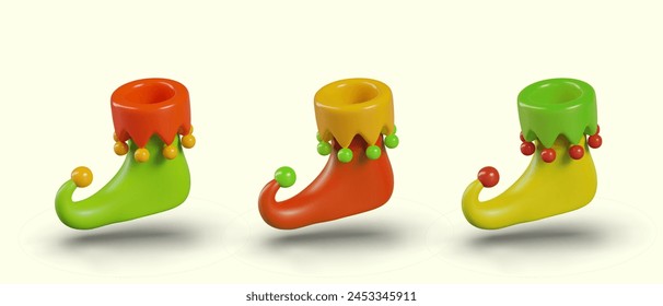 Set of elf boots of different colors. Vector illustration in cartoon style