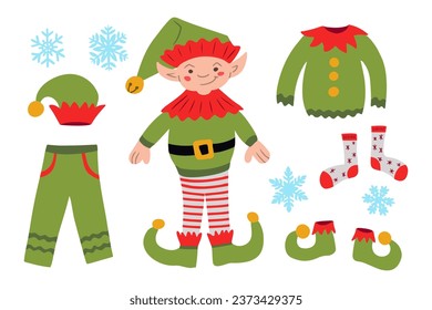 Set de ropa de Navidad Elf con estilo dibujado a mano plana. Vector aislado, divertido personaje de caricatura de vacaciones y conjunto de ropa de colores brillantes sobre fondo blanco. Bien por la decoración navideña, pegatinas