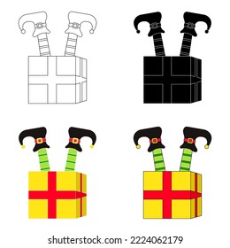 Set of Elf feet with gift box in flat style isolated