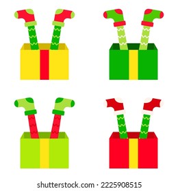 Set of Elf feet with gift box in flat style isolated