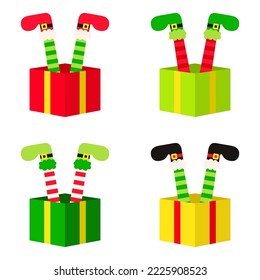 Set of Elf feet with gift box in flat style isolated