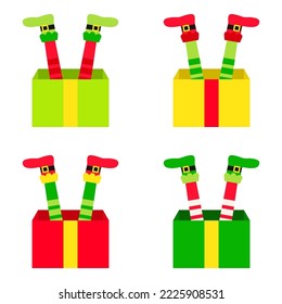 Set of Elf feet with gift box in flat style isolated