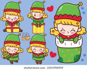 Set of Elf Girl-Christmas Happy Elves Girls wich Christmas Tree and Gifts-Fairies with Graphic Elements for Xmas