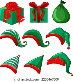 Set of elf hats and gift boxes illustration
